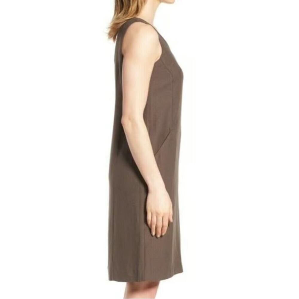 EILEEN FISHER Drapey Tencel Linen Scoop Neck Shift Dress Pockets Brown Small NEW - Picture 2 of 9